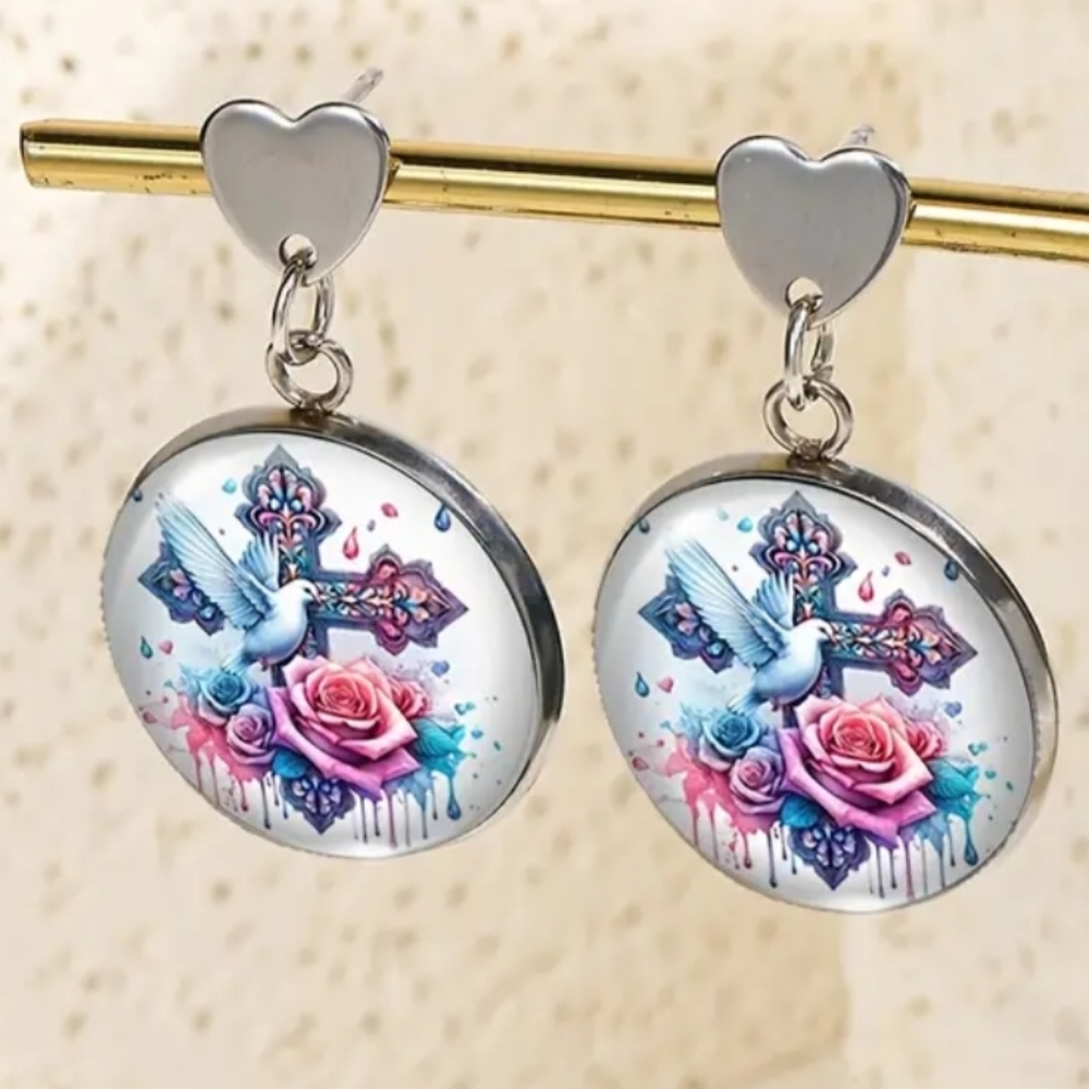 New Y2K Bird Cross Heart-Shaped Gift earrings Silver Stud Colorful Floral church